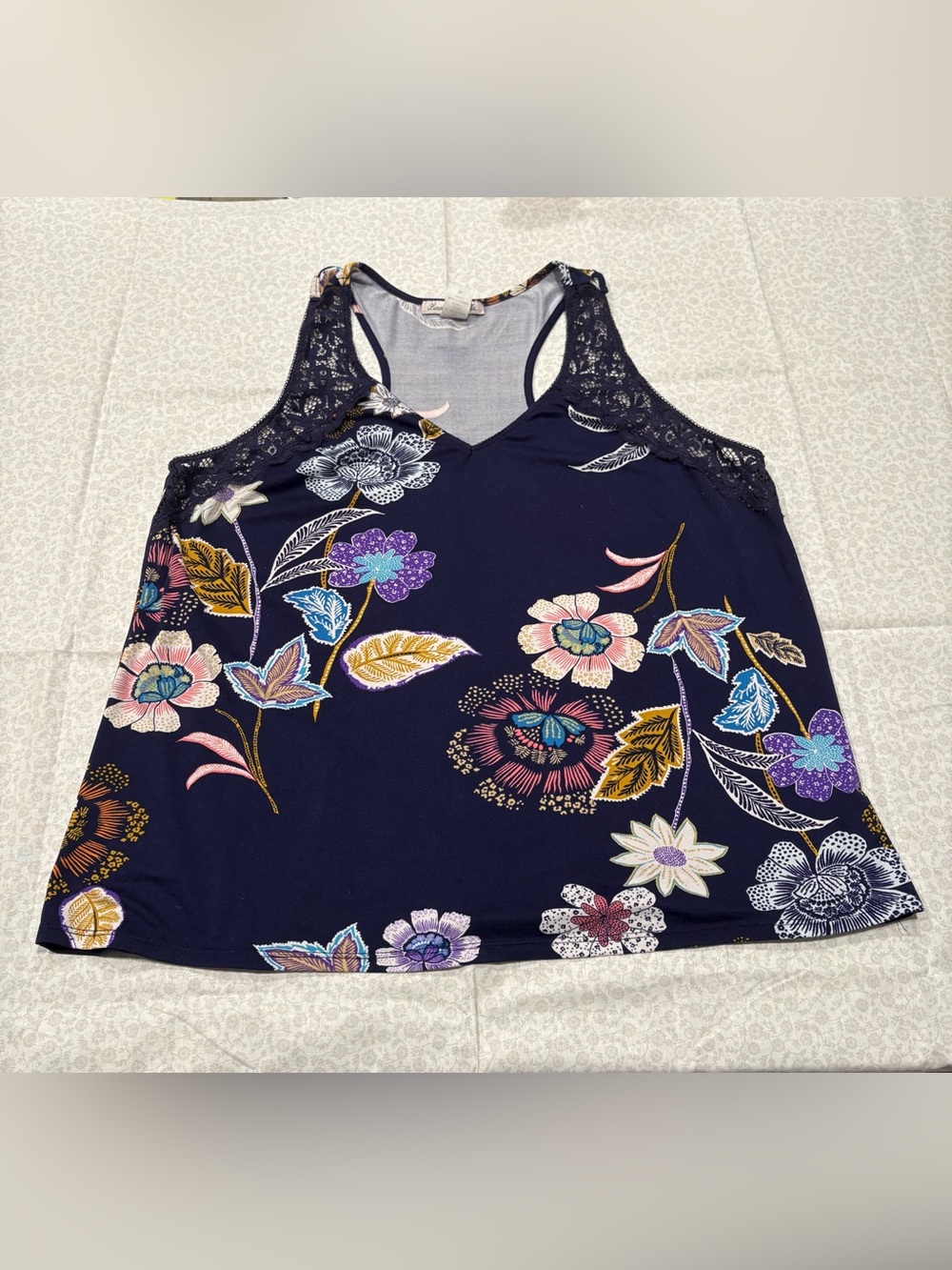 Linea Donatella Lace Trim Cami Tank Top XL Navy Floral Whimsigoth Boho Chic Core
